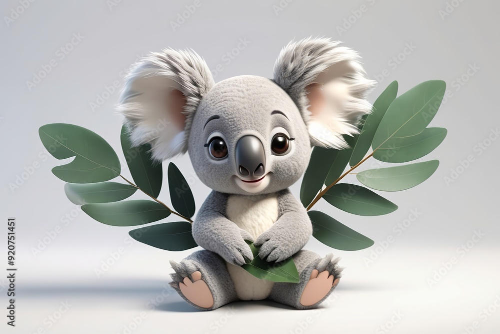 Cuddly koala with big ears and a eucalyptus leaf, perched on a tree in 3D style on a white background. Made with generative AI technology Cuddly koala with big ears and a eucalyptus leaf, perched on a tree in 3D style on a white background. Made with generative AI technology