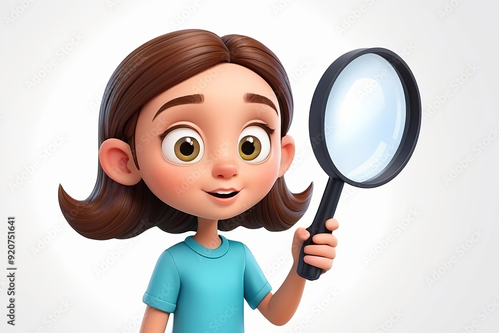 Curious intrigued cartoon character young girl with a magnifying glass in 3D style design on a light white background. Human people exploration concept. Made with generative AI technology Curious intrigued cartoon character young girl with a magnifying glass in 3D style design on a light white background. Human people exploration concept. Made with generative AI technology