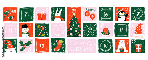 Cute hand drawn Christmas advent calendar. Lovely doodle drawings, vector design