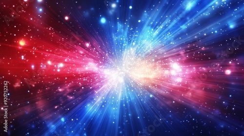 Blue and red background with light rays and stars, light blue background, blue lines, light beams of energy flowing from the center, light swirls, light particles moving in all directions, blue glow