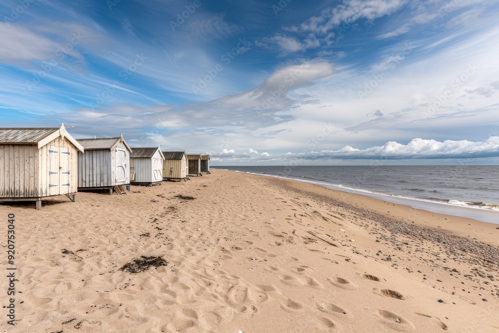 Cabines de bain multicolores alignées sur la plage déserte de Berck-plage au petit matin. Beautiful simple AI generated image in 4K, unique. Cabines de bain multicolores alignées sur la plage déserte de Berck-plage au petit matin. Beautiful simple AI generated image in 4K, unique.