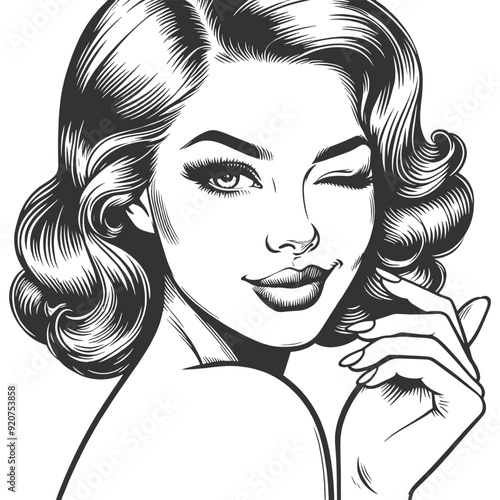 pin-up woman winking with a playful smile, capturing a fun and flirty vibe sketch engraving generative ai fictional character vector illustration. Scratch board imitation. Black and white image.