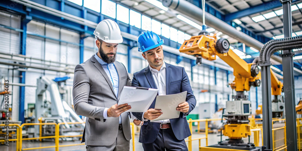 Two male project managers standing in a modern industrial factory, wearing hard hats and business suits, reviewing paperwork and discussing operations Two male project managers standing in a modern industrial factory, wearing hard hats and business suits, reviewing paperwork and discussing operations