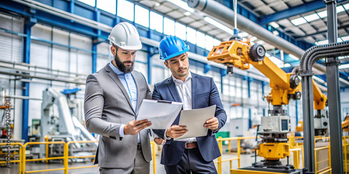 Two male project managers standing in a modern industrial factory, wearing hard hats and business suits, reviewing paperwork and discussing operations photo