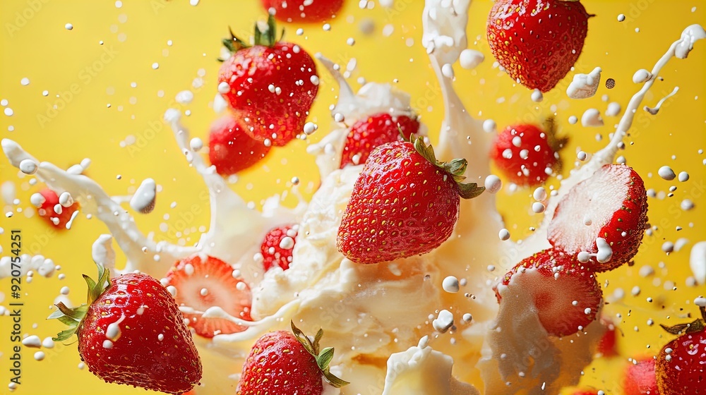 Vibrant Explosion of Strawberries and Cream: A Playful Poster Idea for Sports Interiors, Capturing Fun with Fruit and Liquid on a Bright Yellow Backdrop! Vibrant Explosion of Strawberries and Cream: A Playful Poster Idea for Sports Interiors, Capturing Fun with Fruit and Liquid on a Bright Yellow Backdrop!