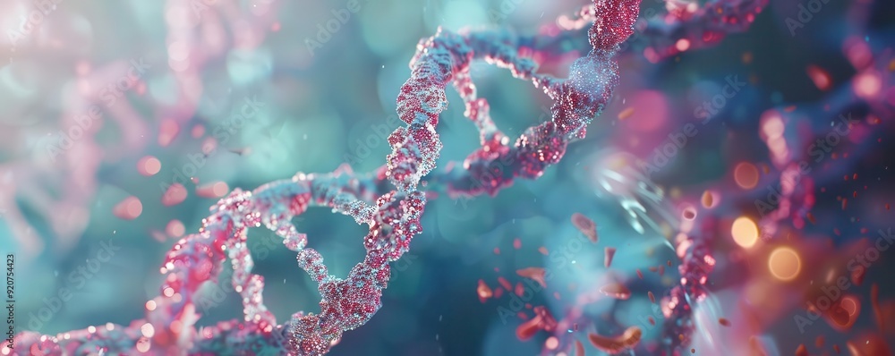 3D Abstract Pink DNA double helix in vibrant colors, particles surrounding it, representing the complexity of genetics. 3D Abstract Pink DNA double helix in vibrant colors, particles surrounding it, representing the complexity of genetics.