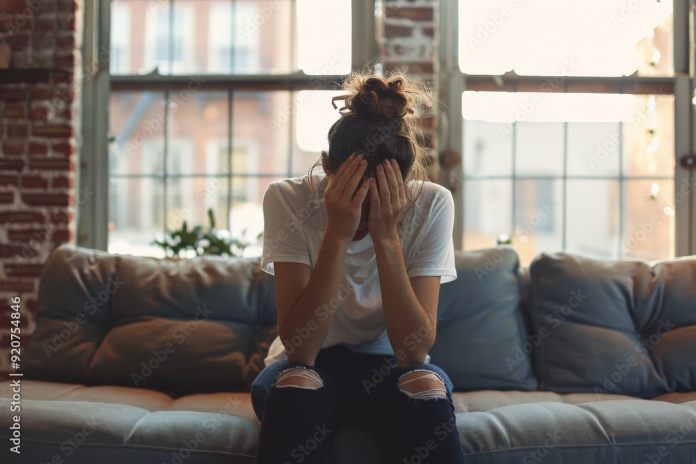 An individual wearing a white t-shirt and ripped jeans sits on a grey couch in a brick loft apartment, with large windows and natural light providing an ambient atmosphere. An individual wearing a white t-shirt and ripped jeans sits on a grey couch in a brick loft apartment, with large windows and natural light providing an ambient atmosphere.