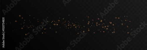 Vector gold dust png. Gold sparkles on isolated transparent background. Spraying glowing particles, glowing dust png. Light effect, Christmas light.