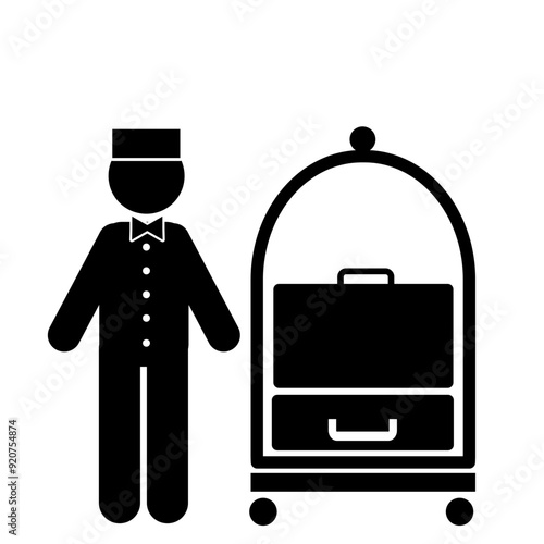 ILLUSTRATION OF THE HOTEL BELLBOY ICON CARRYING A BAG ON A TROLLEY
