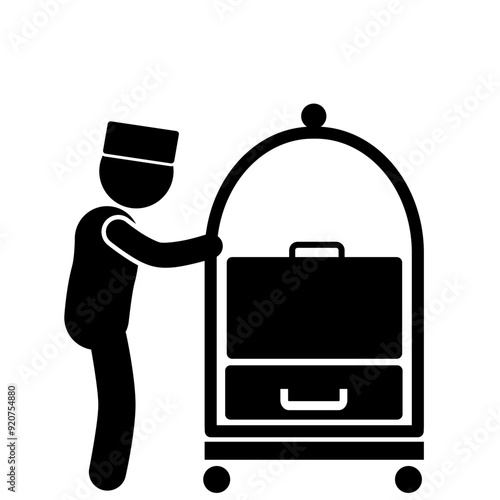 ILLUSTRATION OF THE HOTEL BELLBOY ICON CARRYING A BAG ON A TROLLEY