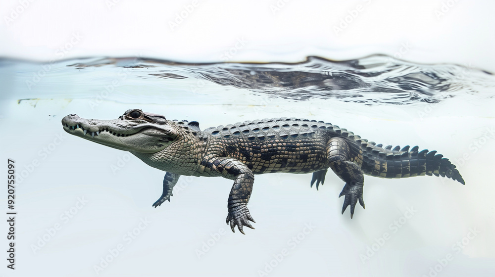 Naklejka premium A crocodile swims underwater in a clear river, with detailed visibility of its skin and teeth
