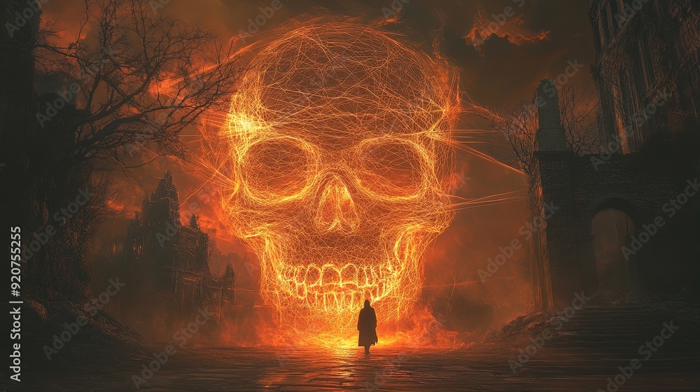 Intricate Skull with Fiery Glow: Ghostly Figure Approaches Ethereal Gateway - Perfect for Bold Sports Interior Posters! Intricate Skull with Fiery Glow: Ghostly Figure Approaches Ethereal Gateway - Perfect for Bold Sports Interior Posters!