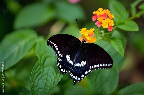 swallowtail butterfly at lantana flowers. Macro image showing a black and blue butterfly at garden area photo