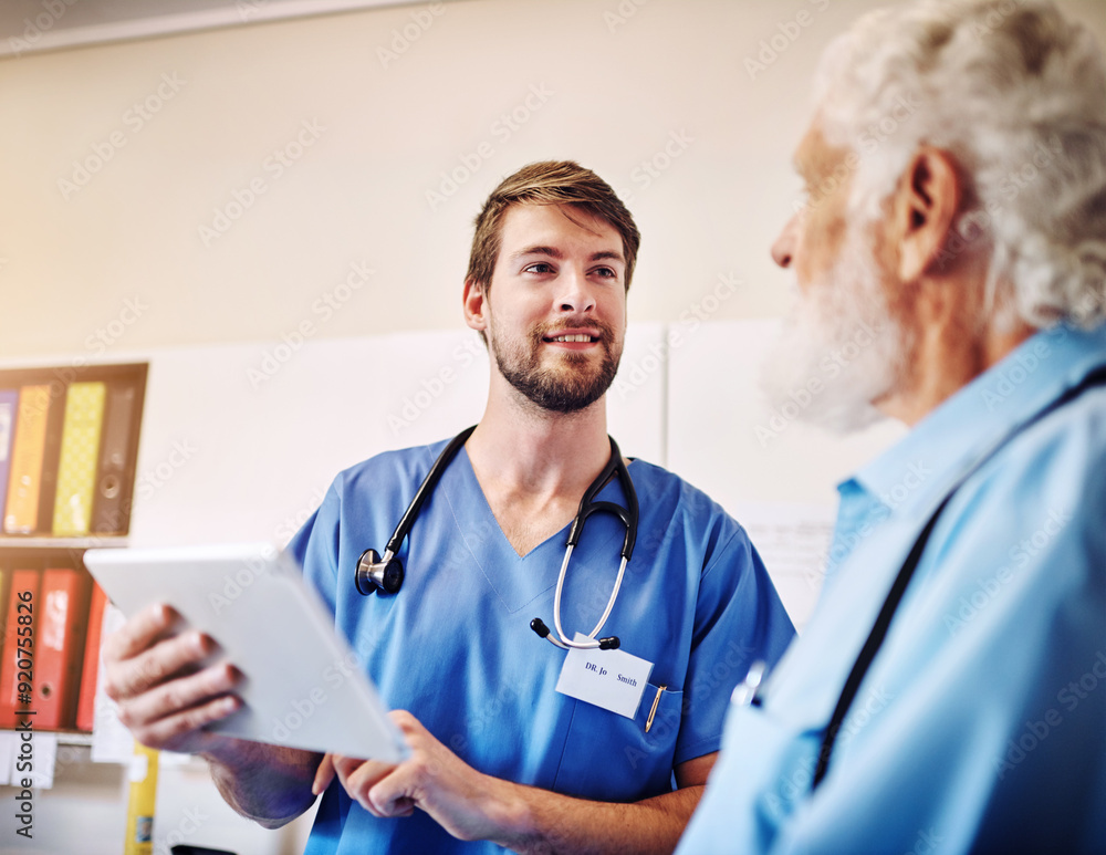 Elderly, man and nurse with tablet in medical consultation for healthcare diagnosis or test results. Senior patient, doctor and digital report for recovery treatment, planning or assessment in clinic Elderly, man and nurse with tablet in medical consultation for healthcare diagnosis or test results. Senior patient, doctor and digital report for recovery treatment, planning or assessment in clinic