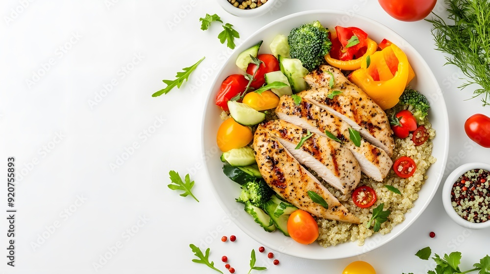 hyper real photography A top-down view of a healthy meal with grilled chicken, quinoa, and assorted vegetables on a clean white background, highlighting a balanced and nutritious diet hyper real photography A top-down view of a healthy meal with grilled chicken, quinoa, and assorted vegetables on a clean white background, highlighting a balanced and nutritious diet