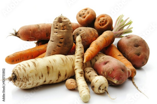 A collection of various root vegetables such as potatoes, carrots, and other tubers, artistically arranged, portraying the natural and rustic appeal of farm produce. photo