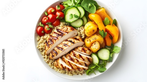 hyper real photography A top-down view of a healthy meal with grilled chicken, quinoa, and assorted vegetables on a clean white background, highlighting a balanced and nutritious diet photo