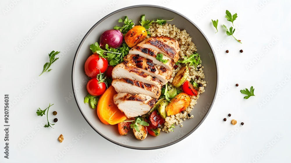hyper real photography A top-down view of a healthy meal with grilled chicken, quinoa, and assorted vegetables on a clean white background, highlighting a balanced and nutritious diet hyper real photography A top-down view of a healthy meal with grilled chicken, quinoa, and assorted vegetables on a clean white background, highlighting a balanced and nutritious diet