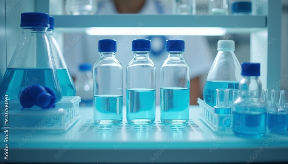 A scientists workbench with various chemicals and reagents A scientists workbench with various chemicals and reagents