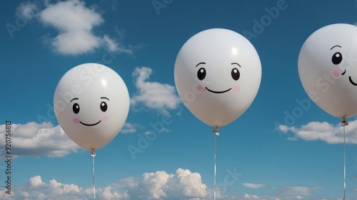 Adorable little white balloon fisn'th-like creatures using different facial expressions on a sky blue background. photo