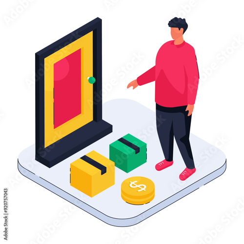 An isometric design illustration of doorstep delivery 

