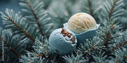 A scoop of creamy pastel blue ice cream flad with foraged blue spruce tips is as refreshing as a forest walk. photo