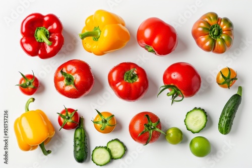 A diverse selection of colorful vegetables and peppers including tomatoes, bell peppers, cucumbers, laid out on a white background, representing freshness and vibrant eating habits.