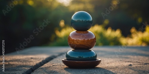 A series of spherical objects stacked upon each other forming a totem of balance and symmetry.