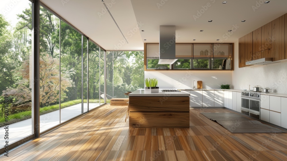 Modern kitchen interior with large windows overlooking a garden in bright daylight Modern kitchen interior with large windows overlooking a garden in bright daylight