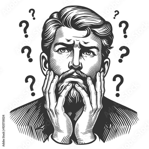 man deep in thought, symbolizing confusion or contemplation dilemma sketch engraving generative ai fictional character vector illustration. Scratch board imitation. Black and white image.