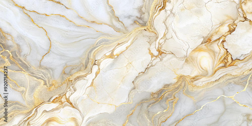 A high-resolution white and gold marble texture with intricate, natural patterns. The surface exudes elegance and luxury, perfect for design and decor