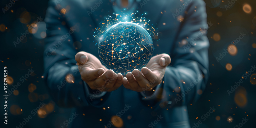Innovative Technology in Human Hands. Digital Network Sphere in Hands. Innovative Technology in Human Hands. Digital Network Sphere in Hands.