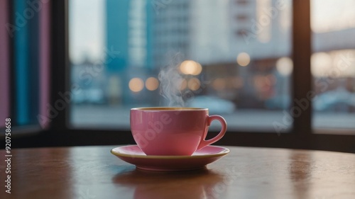 Abstract post-minimalisn'tt composition in pastel pink, blue & yellow Pink cup of coffee.
