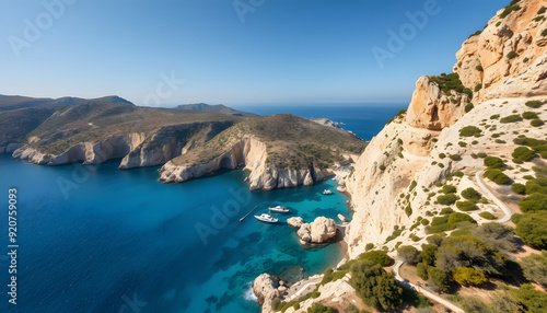 Aerial reveal of Baunei coastline landscape with turquoise water, Sardinia isolated with white highlights, png