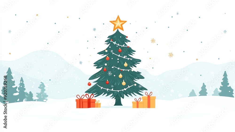 Christmas tree with presents in snowy landscape Christmas tree with presents in snowy landscape