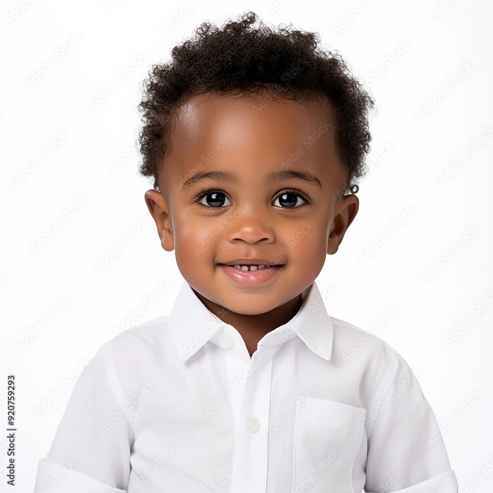 portrait of a cute smiling african american boy wearing a shirt. emotional portrait. on a white background