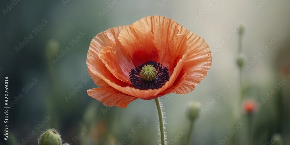Obraz premium Watercolor clipart of a vibrant poppy a single stem with petals unfurling.