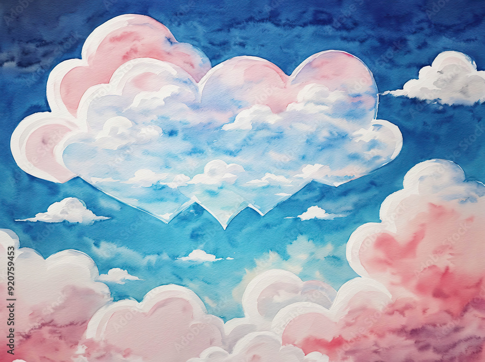 A painting of a blue sky with pink clouds and a heart shape in the clouds A painting of a blue sky with pink clouds and a heart shape in the clouds