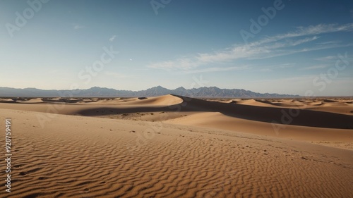 A serene desert l&scape using s& dunes & a clear sky.