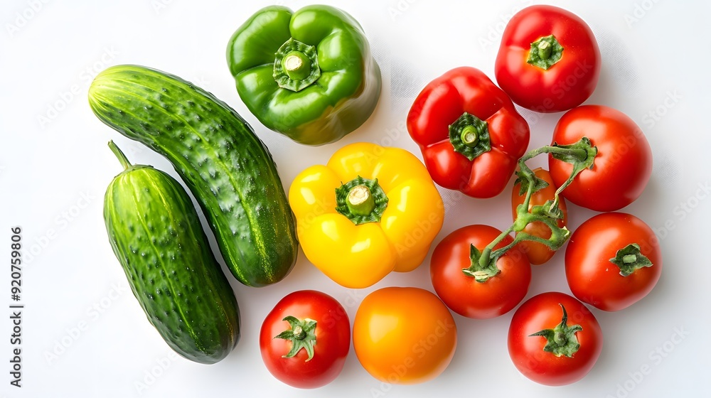 A neat arrangement of colorful bell peppers, cucumbers, and tomatoes on a white background, symbolizing fresh and wholesome ingredients for a healthy meal A neat arrangement of colorful bell peppers, cucumbers, and tomatoes on a white background, symbolizing fresh and wholesome ingredients for a healthy meal