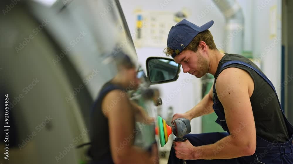Tracking shot of muscular mechanic worker polishing door of luxury car in auto repair shop using with orbital polisher. Expert car paint technician using car polisher to polish car with refinement. Tracking shot of muscular mechanic worker polishing door of luxury car in auto repair shop using with orbital polisher. Expert car paint technician using car polisher to polish car with refinement.