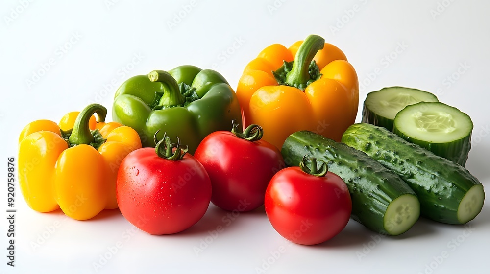 A neat arrangement of colorful bell peppers, cucumbers, and tomatoes on a white background, symbolizing fresh and wholesome ingredients for a healthy meal A neat arrangement of colorful bell peppers, cucumbers, and tomatoes on a white background, symbolizing fresh and wholesome ingredients for a healthy meal