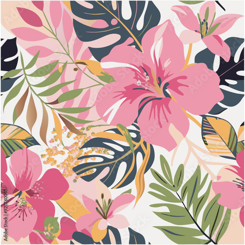 Pink hibiscus flower pattern, vector illustration botanical elements background.