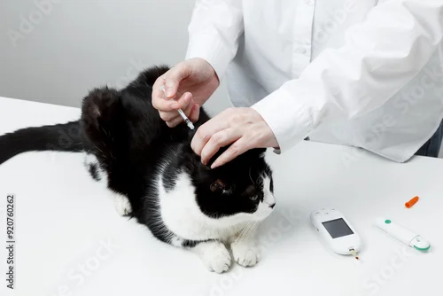 Fototapeta Use of glucometer for cat blood glucose test, insulin syringe. Pets and diabetes concept
