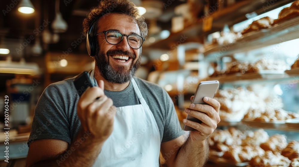 A bakery worker wearing an apron is seen busy, holding a phone and taking orders, surrounded by shelves of bread and pastries, capturing the hustle of a bakery environment. A bakery worker wearing an apron is seen busy, holding a phone and taking orders, surrounded by shelves of bread and pastries, capturing the hustle of a bakery environment.