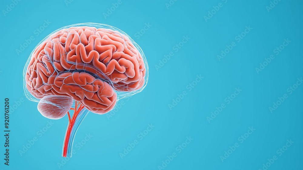 A detailed illustration of a human brain on a vibrant blue background, showcasing its intricate structure and vascular system. A detailed illustration of a human brain on a vibrant blue background, showcasing its intricate structure and vascular system.