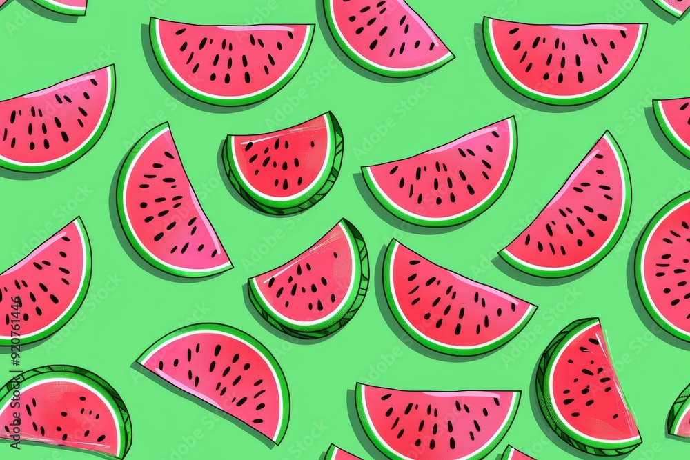 Hand-drawn seamless background with slices of watermelon. Beautiful simple AI generated image in 4K, unique. Hand-drawn seamless background with slices of watermelon. Beautiful simple AI generated image in 4K, unique.