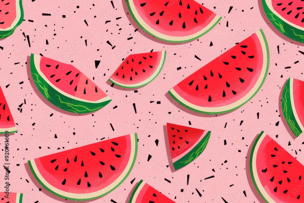 Hand-drawn seamless background with slices of watermelon. Beautiful simple AI generated image in 4K, unique. Hand-drawn seamless background with slices of watermelon. Beautiful simple AI generated image in 4K, unique.