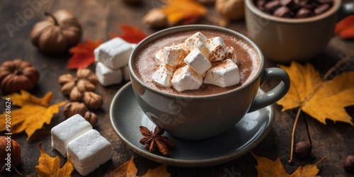 Hot cocoa, marshmallows, autumn leaves in background, watercolor style.