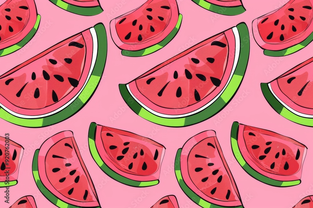 Hand-drawn seamless background with slices of watermelon. Beautiful simple AI generated image in 4K, unique. Hand-drawn seamless background with slices of watermelon. Beautiful simple AI generated image in 4K, unique.